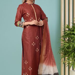 Dark Brown Chanderi Silk Kurta Set