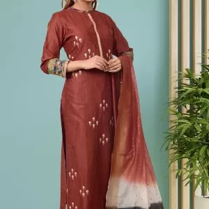 Dark Brown Chanderi Silk Kurta Set