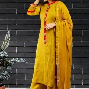 Mustard Green Chanderi Silk Kurta Set