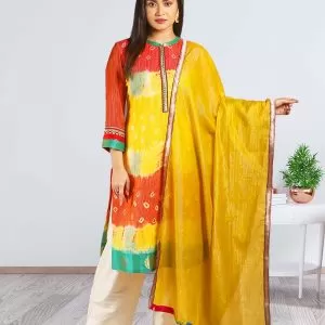 Yellow And Red Taby Silk Kurta Set