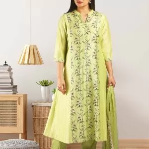 Silk Chanderi Light Green Kurta Set In Sap Green