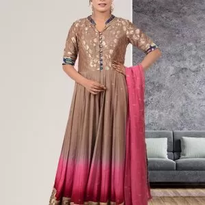 Red Nude And Maroon Silk Muslin Anarkali Dress