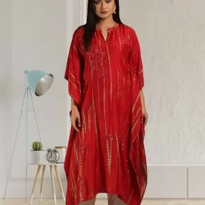 Red Silk Muslin Kaftan Dress